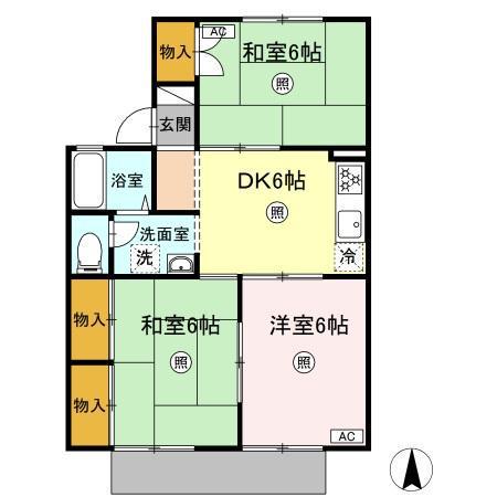 セジュール城之内B棟(3DK/1階)の間取り写真