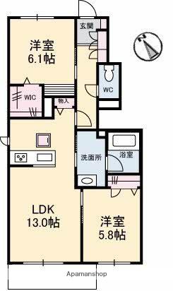 アンソレイユ B棟(2LDK/1階)の間取り写真