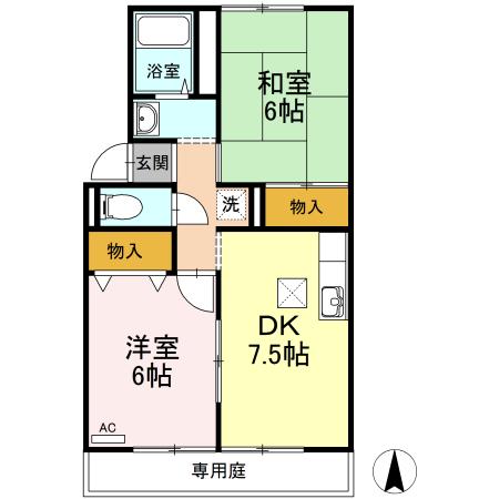 アーバンシャトルB棟(2DK/1階)の間取り写真