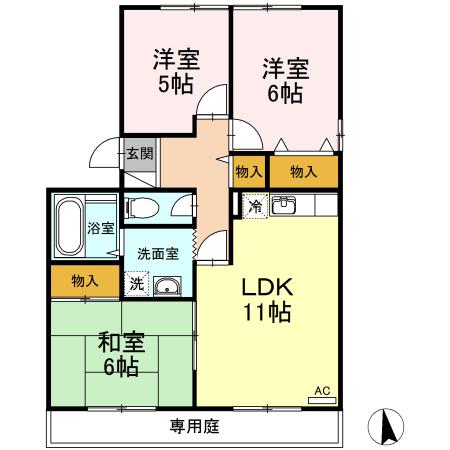 ニューカースルA棟(3LDK/1階)の間取り写真