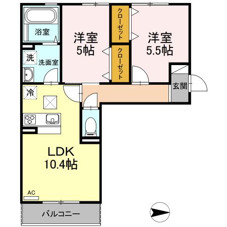 セカンドコート B棟(2LDK/1階)の間取り写真