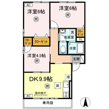 アミスターY・2・S B棟(3DK/1階)の間取り写真