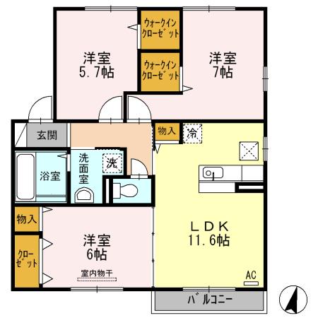 クオーレB棟(3LDK/1階)の間取り写真