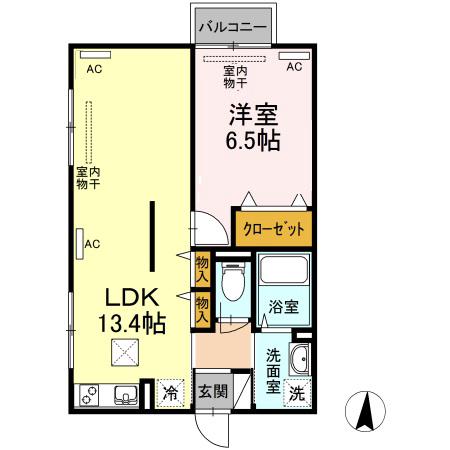 山陽本線 福山駅 徒歩34分 2階建 築5年(1LDK/1階)の間取り写真