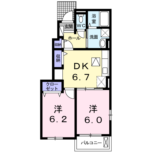 福塩線 万能倉駅 徒歩7分 2階建 築8年(2DK/1階)の間取り写真