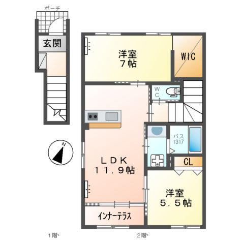 カーサ牛田本町(2LDK/2階)の間取り写真