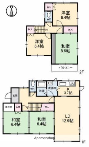 山陽本線 阿品駅 徒歩20分 2階建 築37年(5LDK)の間取り写真