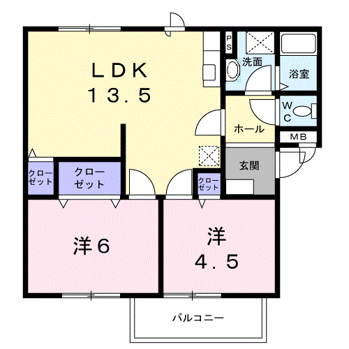 ひまわりB(2LDK/1階)の間取り写真