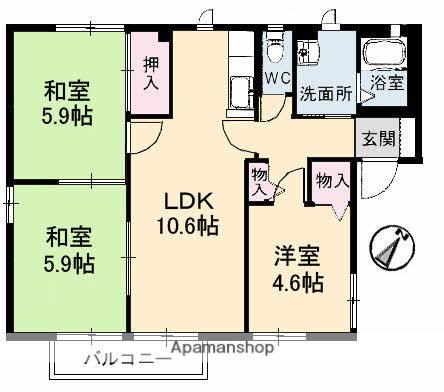 シャロームA棟(3LDK/1階)の間取り写真