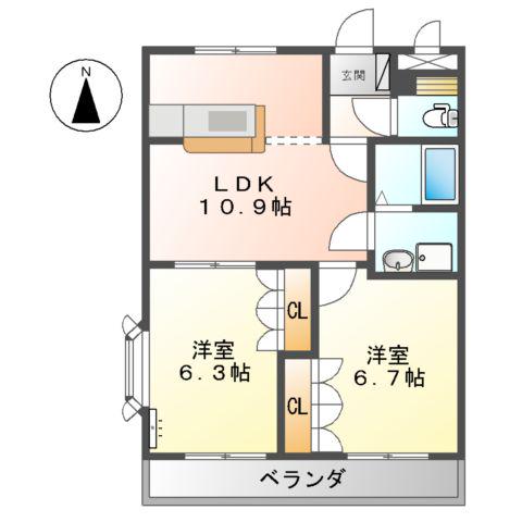 ベルジュⅡ番館(2LDK/2階)の間取り写真