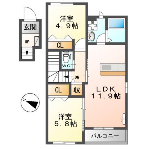 ラ・カーサ・フェリーチェ(2LDK/2階)の間取り写真