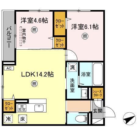 ボヌール祇園(2LDK/1階)の間取り写真