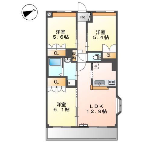 山陽本線 東福山駅 徒歩60分 3階建 築19年(3LDK/3階)の間取り写真