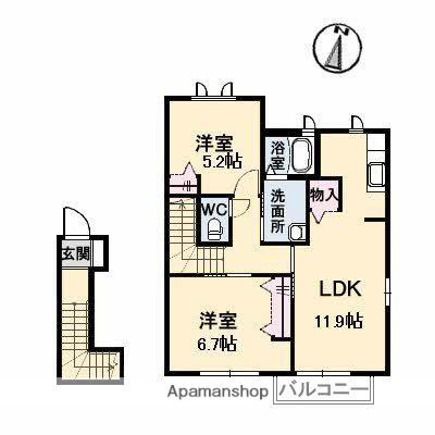 ヴィラシーン神辺 B棟(2LDK/2階)の間取り写真
