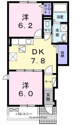 ラ・ヴィーニュ瀬戸(2DK/1階)の間取り写真