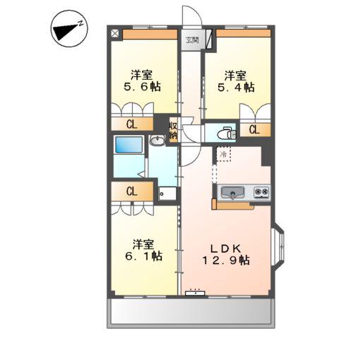 山陽本線 東福山駅 徒歩60分 3階建 築19年(3LDK/3階)の間取り写真