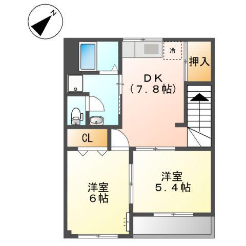 サンハイツ山ノ手(2DK/2階)の間取り写真