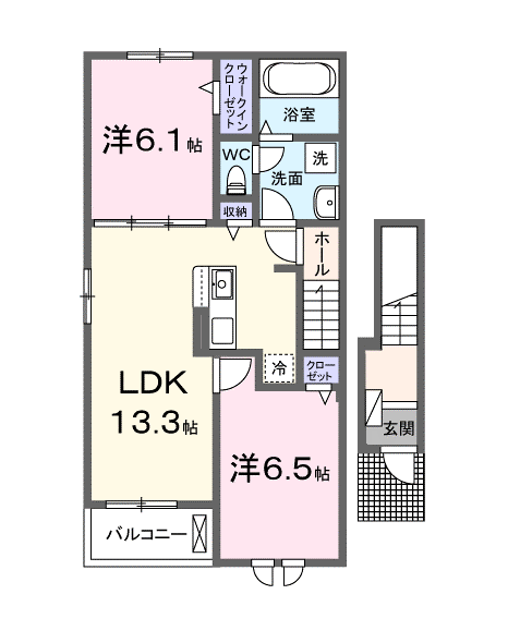 モダンヴィラB(2LDK/2階)の間取り写真