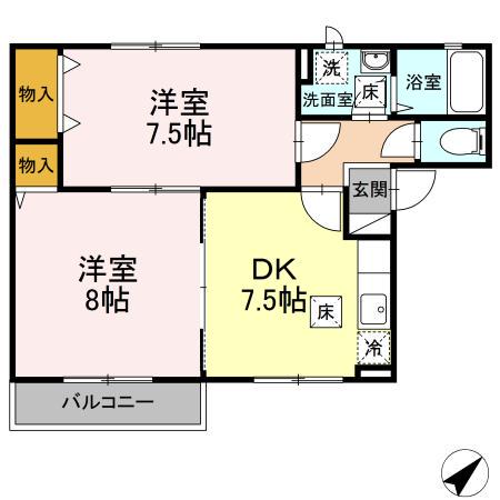 アレグレッス B棟(2DK/1階)の間取り写真