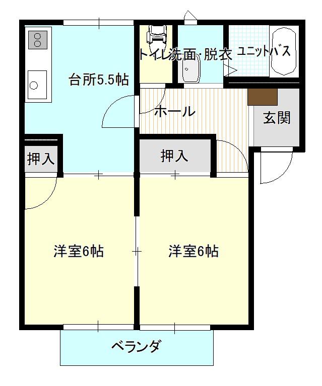 ハイネス旭 B棟(2K/1階)の間取り写真