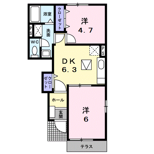 プラシードB(2DK/1階)の間取り写真