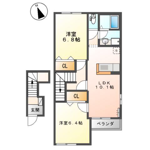 ディアたちばな(2LDK/2階)の間取り写真