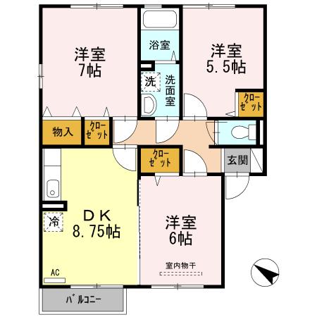 サニープレイス福山 M棟(3DK/2階)の間取り写真