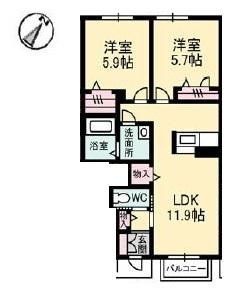 ガーデンズ多治米B棟(2LDK/1階)の間取り写真