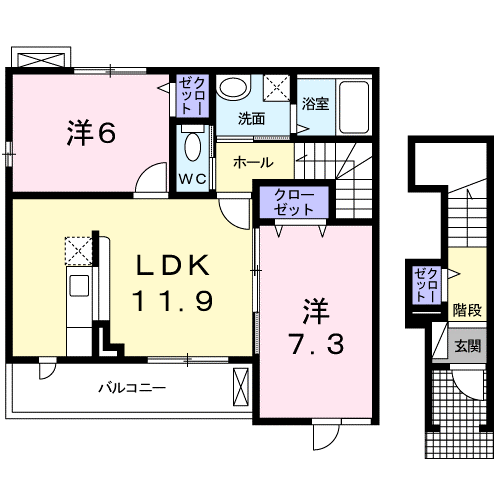 シャイニングリバーサイド(2LDK/2階)の間取り写真