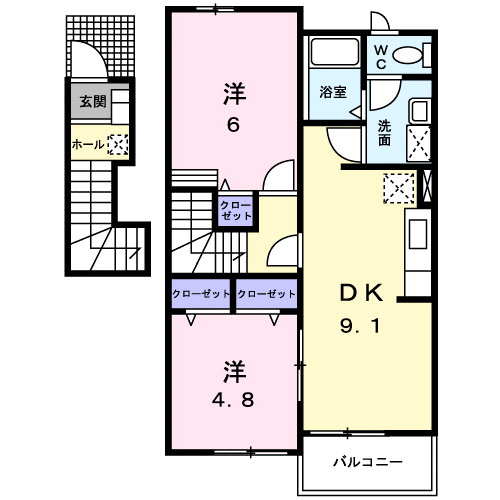 ヴィラ・ユニゾンC(2DK/2階)の間取り写真