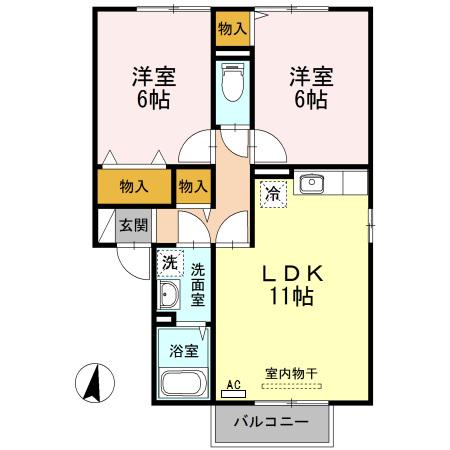 グリーンベルズD棟(2LDK/1階)の間取り写真