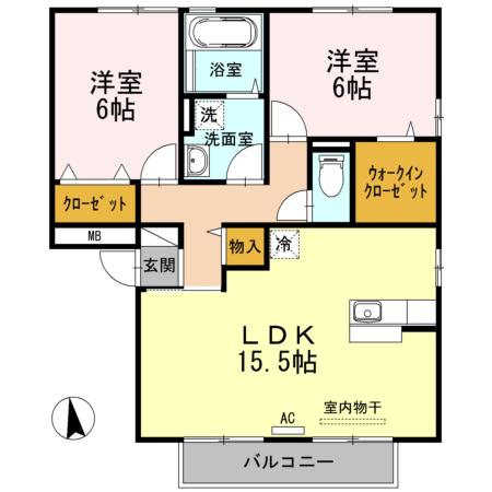 ウィルモア手城C棟(2LDK/2階)の間取り写真