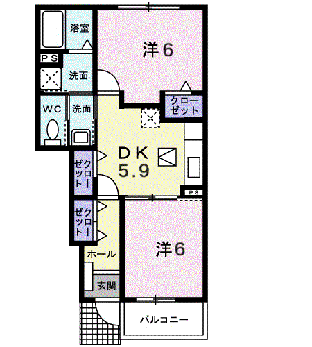プラシード五番館(2DK/1階)の間取り写真