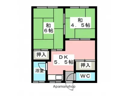 芸備線 矢賀駅 徒歩12分 2階建 築44年(2K/2階)の間取り写真