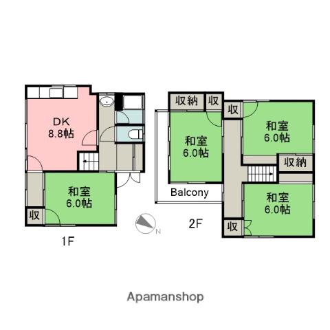 広島電鉄皆実線 南区役所前駅 徒歩16分 2階建 築63年(4DK)の間取り写真
