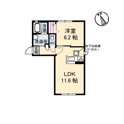 安芸中野壱番舘(1LDK/1階)の間取り写真