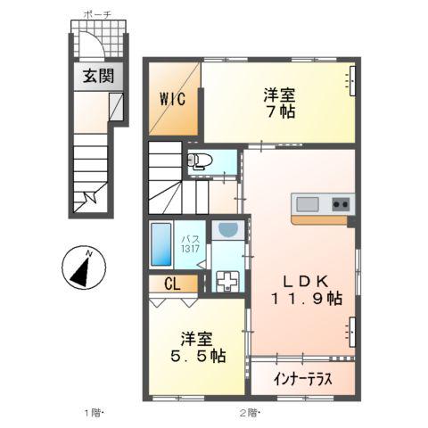 カーサ牛田本町(2LDK/2階)の間取り写真