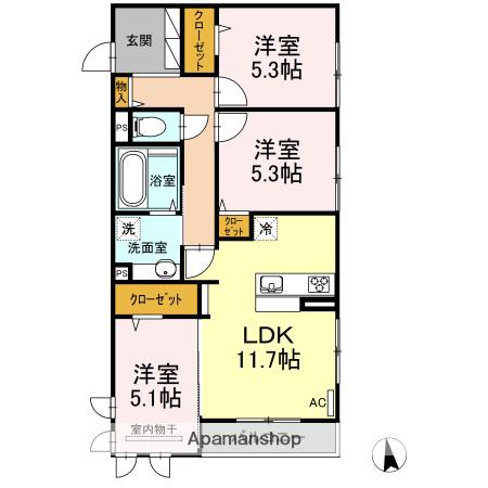 ピアチェーレアミカ(3LDK/2階)の間取り写真