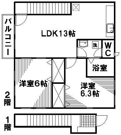 グランドールセレノB棟(2DK/2階)の間取り写真
