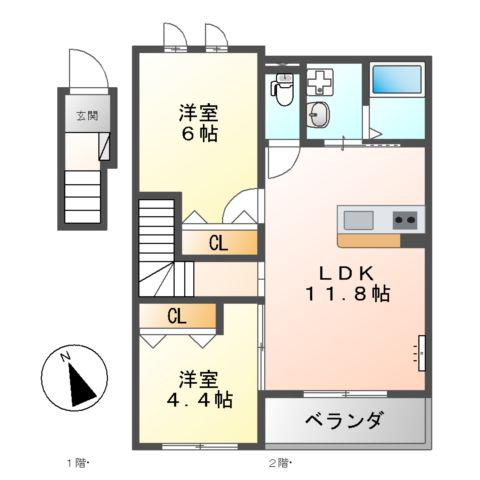 ベルクレスト(2LDK/2階)の間取り写真