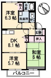 ディアスTANAKA C棟(3DK/2階)の間取り写真