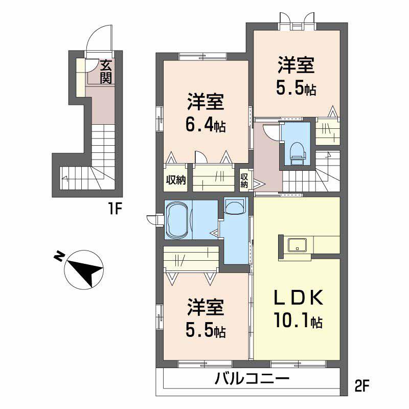 グランマスト春日野通 B棟(3LDK/2階)の間取り写真