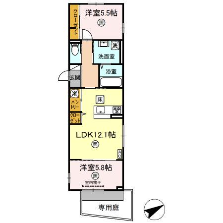 ボヌール祇園(2LDK/1階)の間取り写真