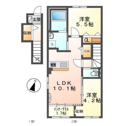 パームコート長尾 (2LDK/2階)の間取り写真