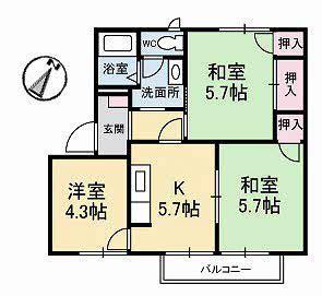 フローラル温品B棟(3DK/2階)の間取り写真