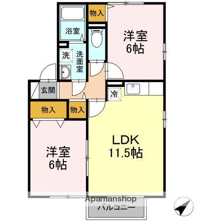グランコートD棟(2LDK/2階)の間取り写真
