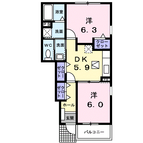 ハイデヒルズ黒瀬(2DK/1階)の間取り写真