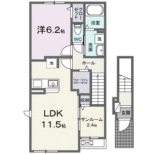 寺家アパートB棟(1LDK/2階)の間取り写真