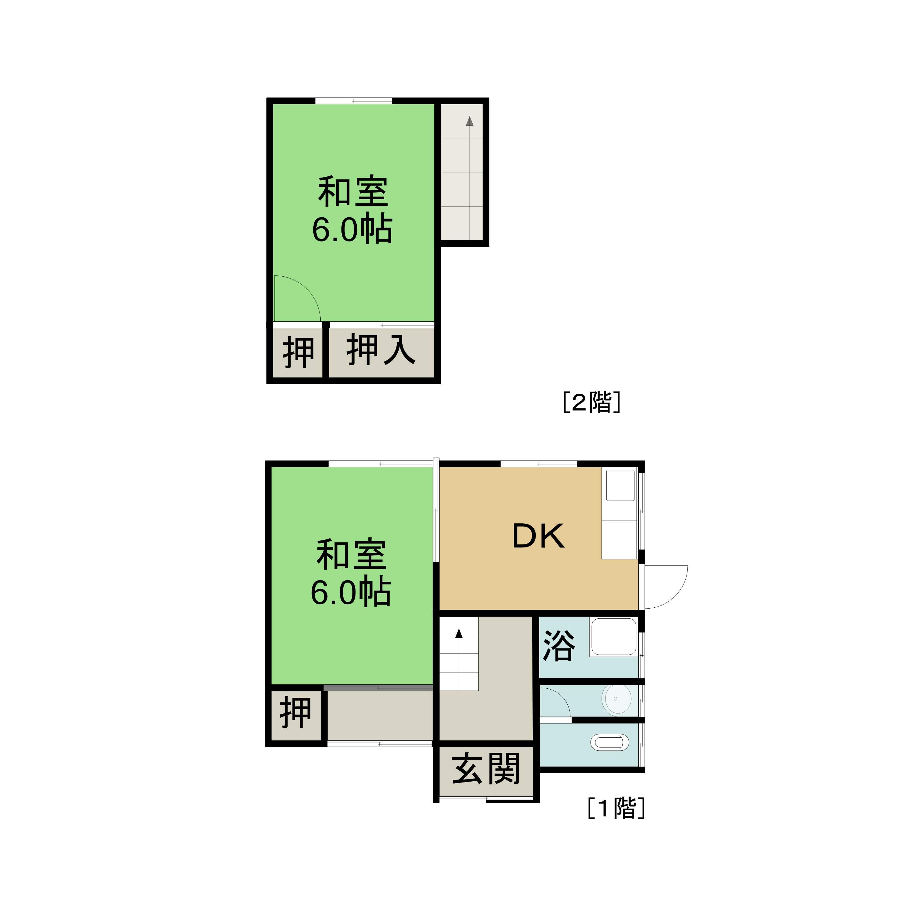 山陽本線 玖波駅 徒歩4分 2階建 築55年(2DK/1階)の間取り写真