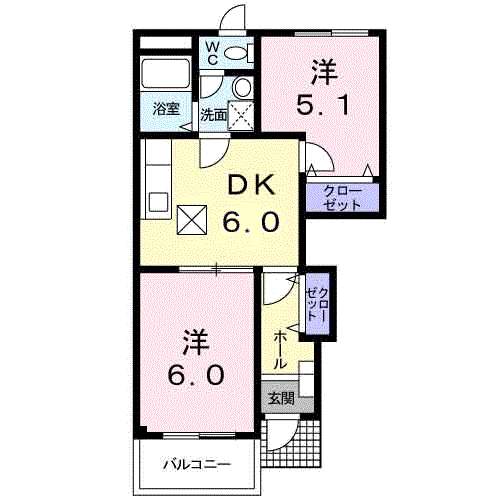 アーバンホワイトタナカ(2DK/1階)の間取り写真